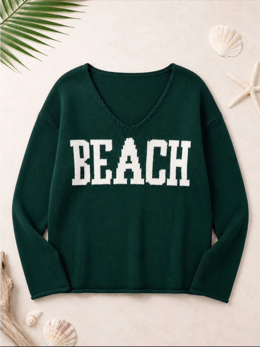 Zenana Outfitters Forest Green V-Neck Sweater with White 'BEACH' Lettering